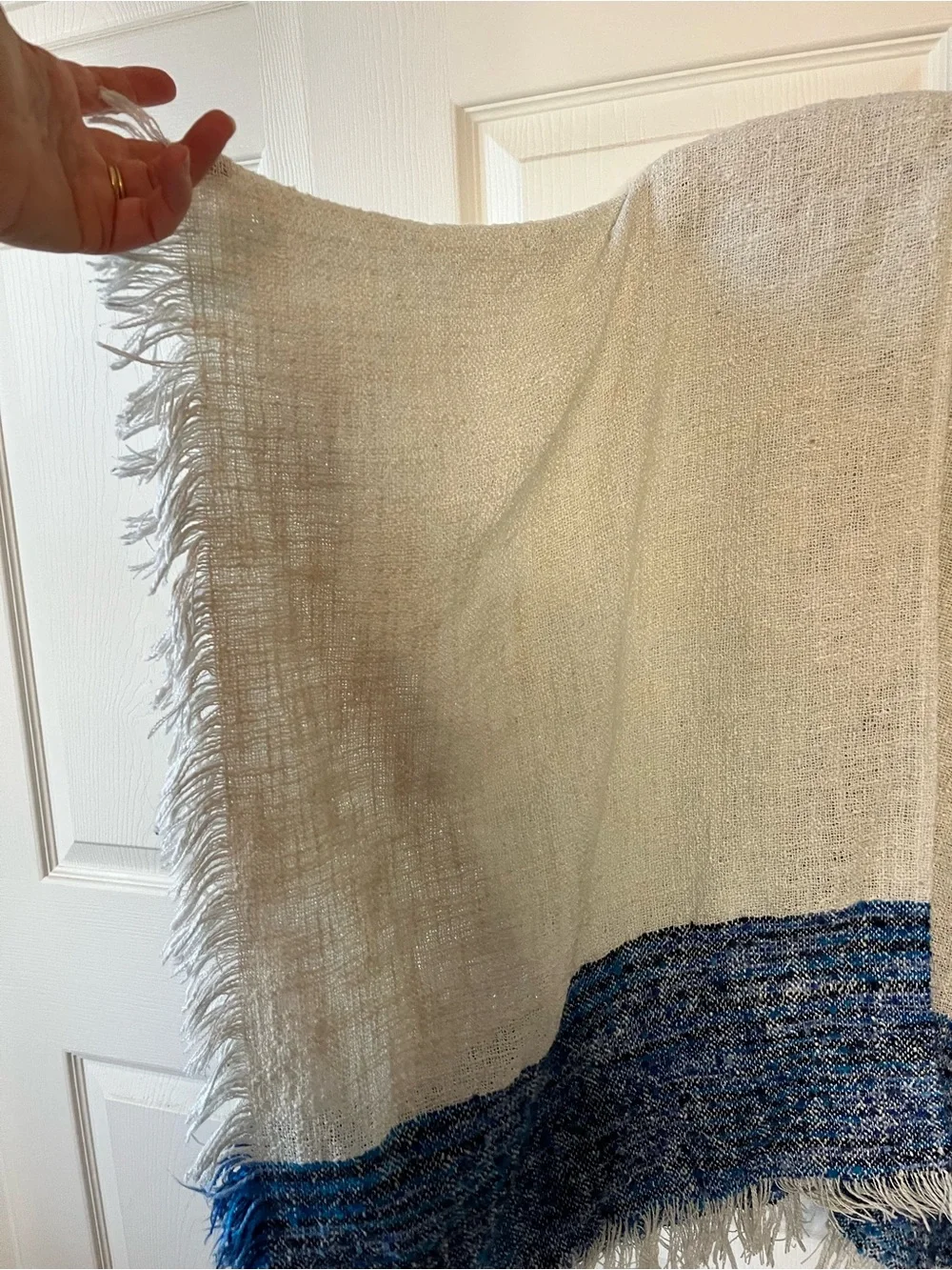 Cream and Blue Fringe Wrap Shawl